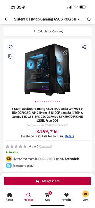 Nou, 0 ore. PC Gaming Asus ROG Ryzen 5 8400F RTX5070 16GB 1TB
