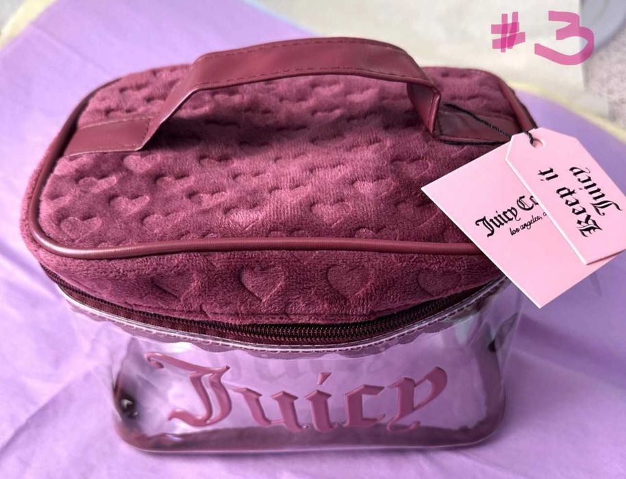 Оригинал JUICY COUTURE Розова Велурена Козметична Чанта/Несесер Голяма НОВИ с Етикет Избери!