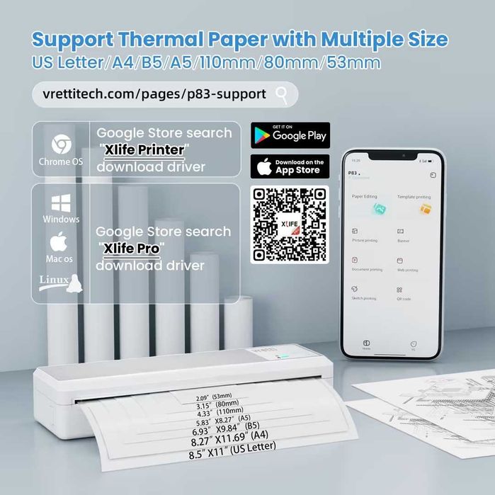 Imprimanta termica portabila vretti P83 A4 300 DPI Bluetooth Android iOS USB fara cerneala baterie 2600mAh travel office