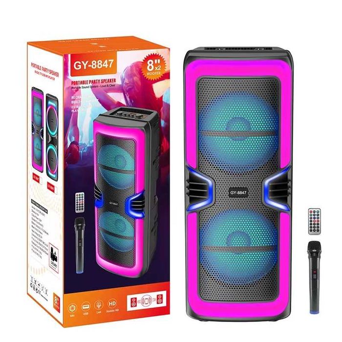 Активна Караоке Тонколона 2х8 инча с Безжичен Микрофон и RGB светлини