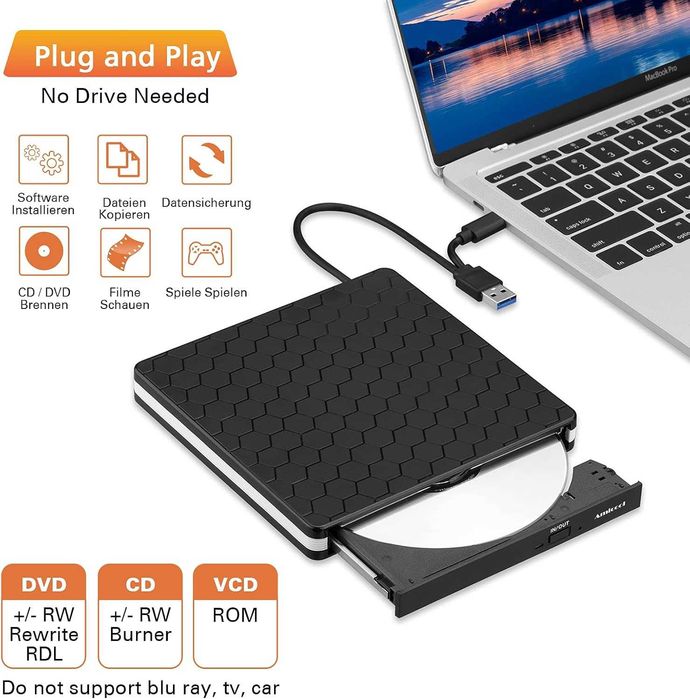 Външно DVD устройство Amicool – оптично устройство CD/DVD +/-RW с интерфейс USB 3.0 Type-C