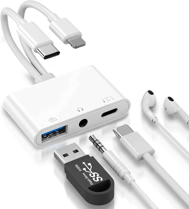 3-в-1 Lightning + USB C към Jack адаптер