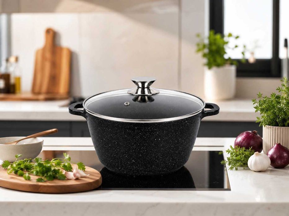 Oala marmorata 24 cm 6,2 L cu capac din sticla