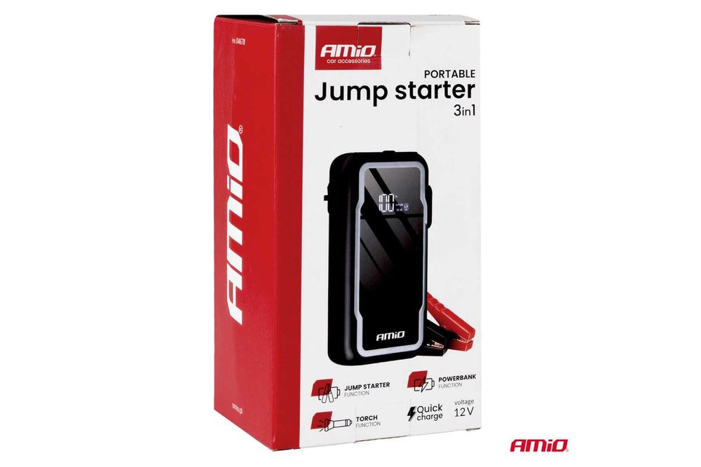Преносимо стартово устройство AMiO 1600A 3в1 - Jump Starter, LED, външна батерия, капацитет 12Ah, 12V