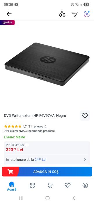 DVD Writer extern HP F6V97AA, Negru