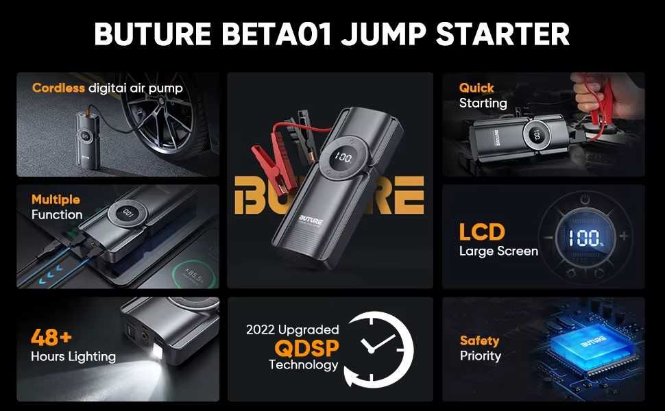 Starter auto BSMOOM, benzina/diesel, 16A, 12V, 21800mAh, compresor