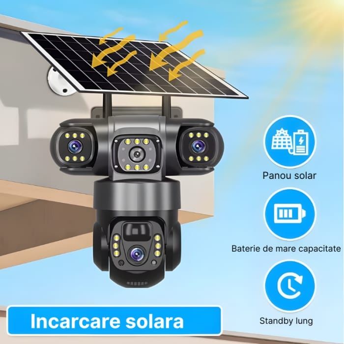Camera Supraveghere Exterior Solară  Wireless, 3lentile, Panou Solar, Wifi