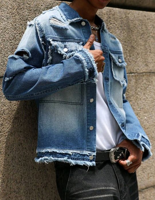 Ново мъжко карго дънково яке  Street Style  изтъркано деним памук  XXL
