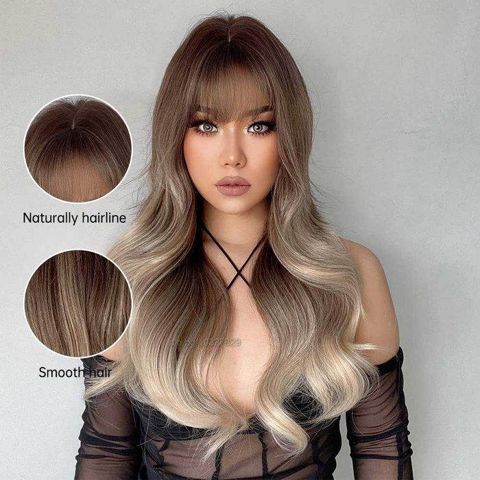 Омбре чуплива перука с кафяви корени и пепеляво руси краища с бретон