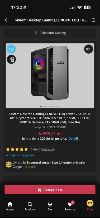 LENOVO LOQ Tower 26ADR10, AMD Ryzen 7 8745HX, 16GB, SSD 1TB, NVIDIA GeForce RTX 5060 8GB