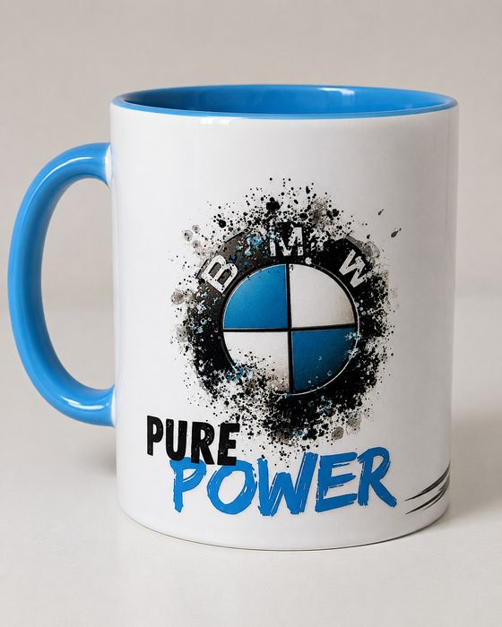 Cană ceramică alb-albastră, model auto sport – stare foarte bună