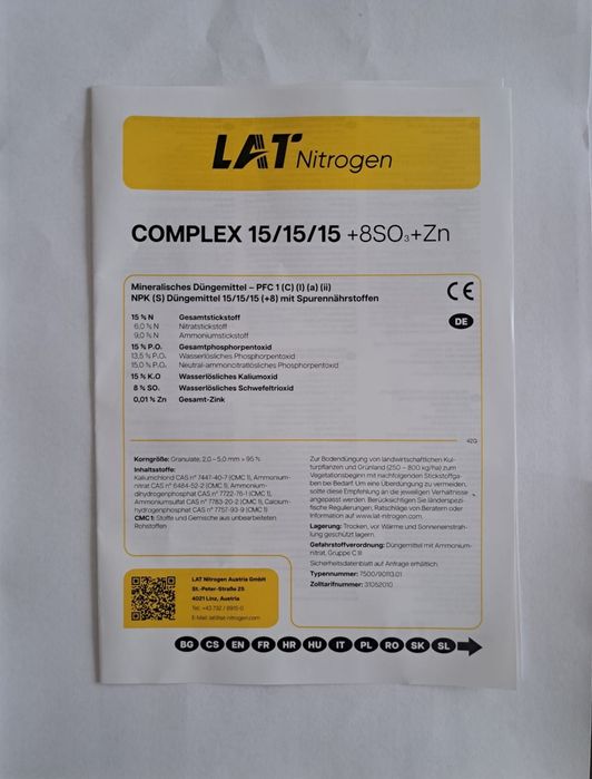 Îngrășământ Complex NPK 15-15-15 + S+Zn Linzer Austria Borealis