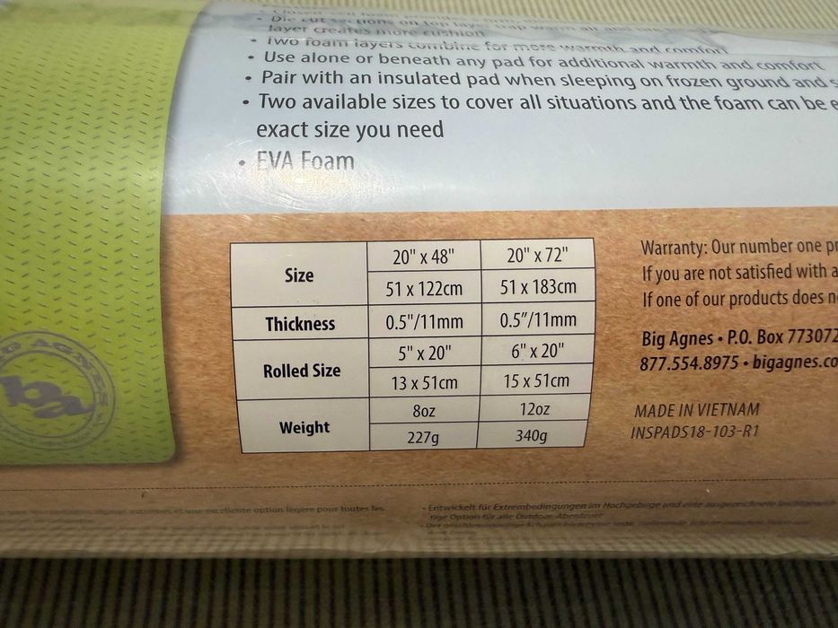 Продавам нова туристическа постелка Big Agnes Third Degree Foam Pad, размер S / 122 см - само 227 грама