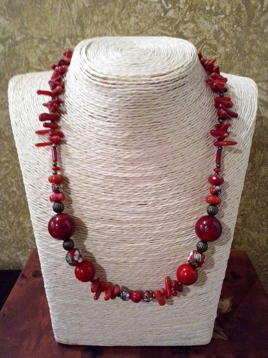 colier pietre naturale,coral,perle cloisonnee