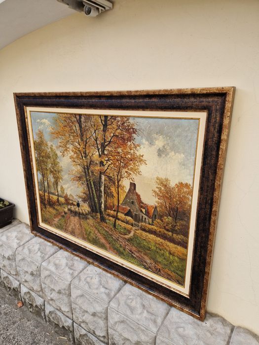 Уникална голяма антикварна белгийска картина масло върху платно