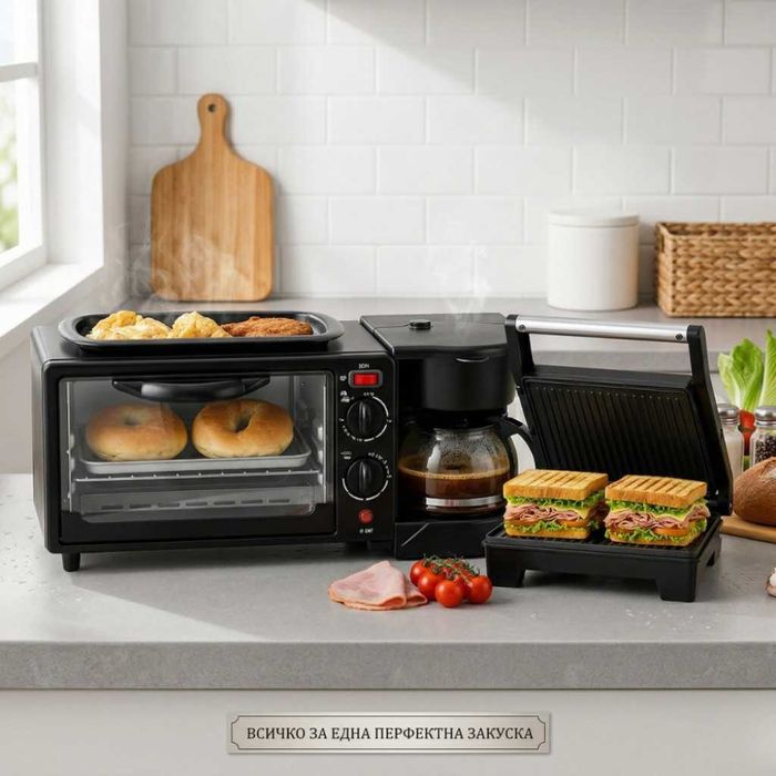 Печка, тостер и кафемашина – 3в1 + Подарък Компактен грил и сандвич преса 2 в 1