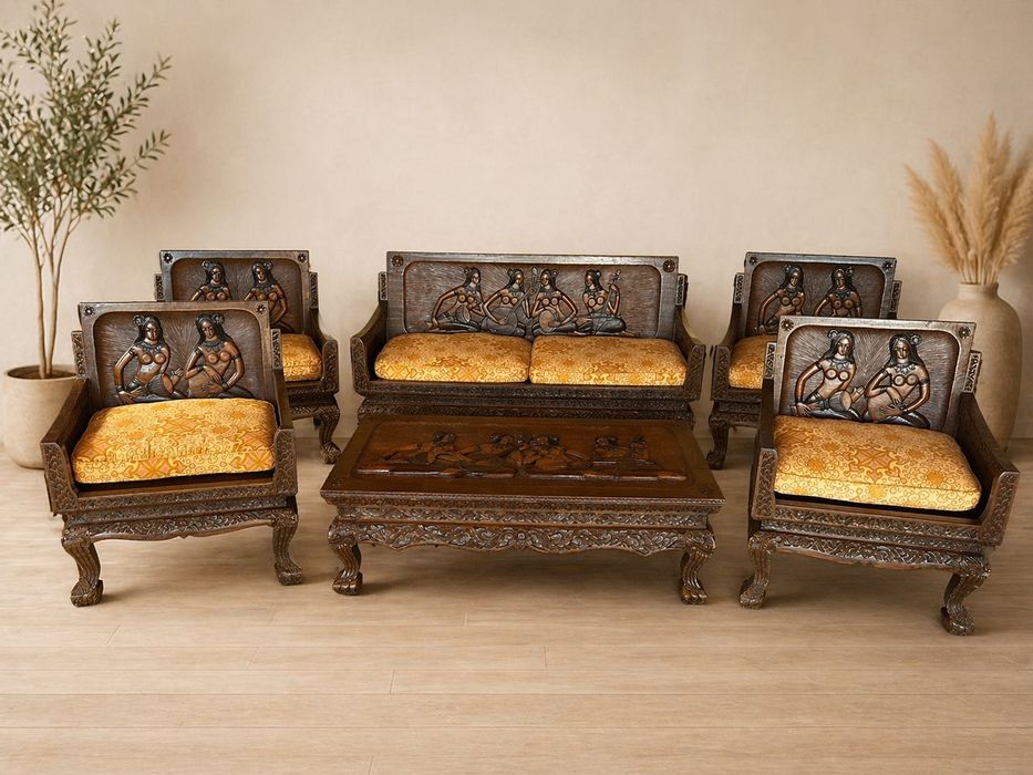 Mobilier sculptat din lemn masiv de tec