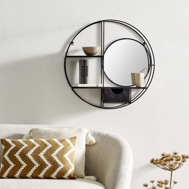 70см! Стенна етажерка с огледало и чекмедже