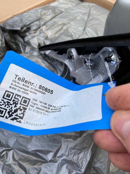 Oglinda BMW Seria 3 (G20) - Gri - ORIGINALA OEM Completa (nu capac / nu aftermarket) - cod 51168498240