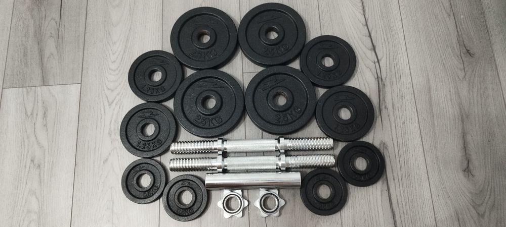 Ganteră set reglabil greutăți fontă 17 kg +  bară oțel cromat