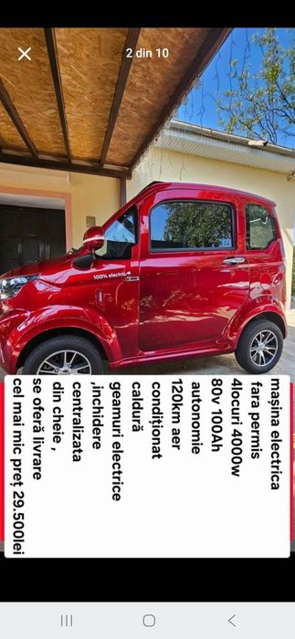 Masina electrica FARA PERMIS 4locuri 4000w 80v 100Ah autonomie 120km aer condiționat caldură geamuri electrice cel mai mic preț 29.500lei