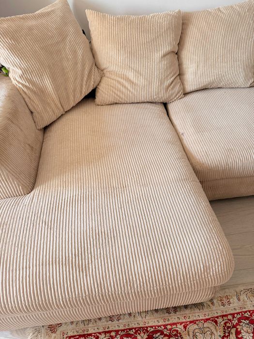 Canapea Colțar Mobexpert, Tesatura Corduroy Beige, Umplutură Puf Gâscă