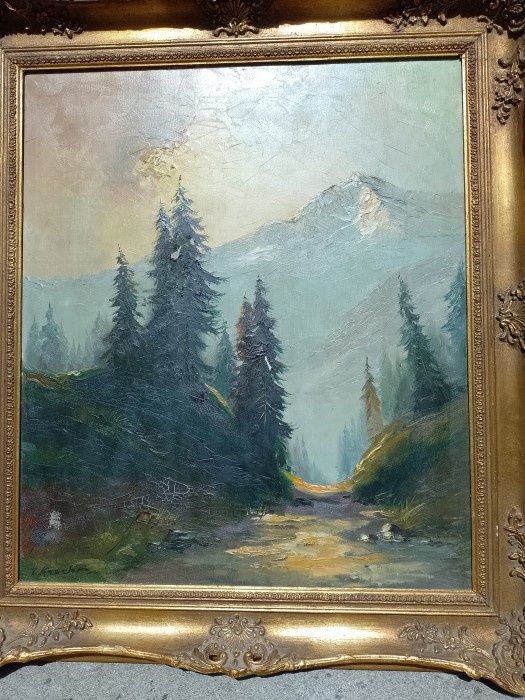 Tablou Ulei pe pânză peisaj montan,o lucrare foarte veche semnata de