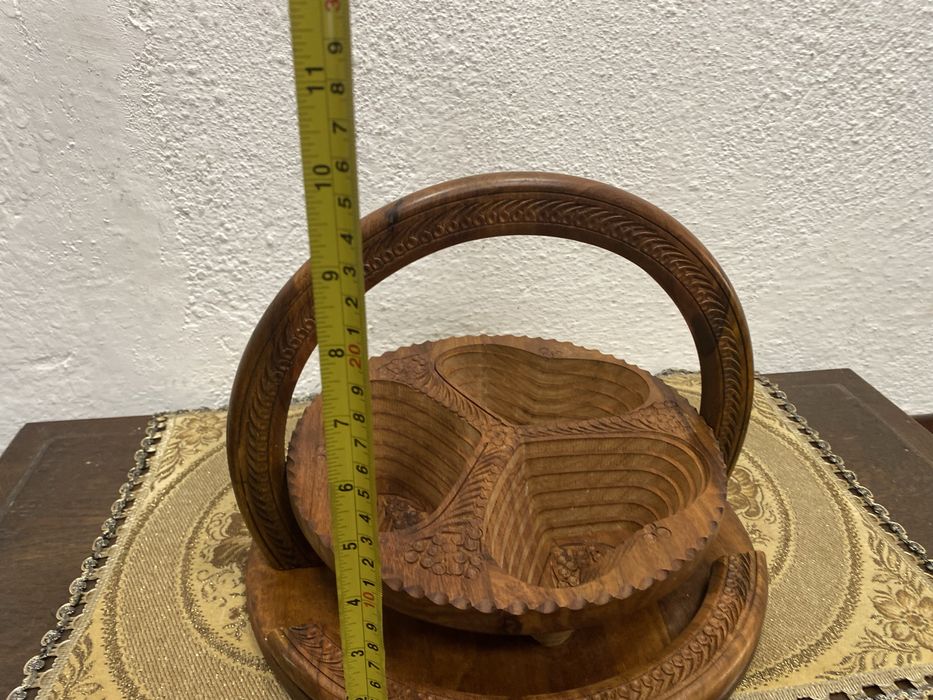 Ръчно резбована тикова фруктиера поднос Англия 1960-те