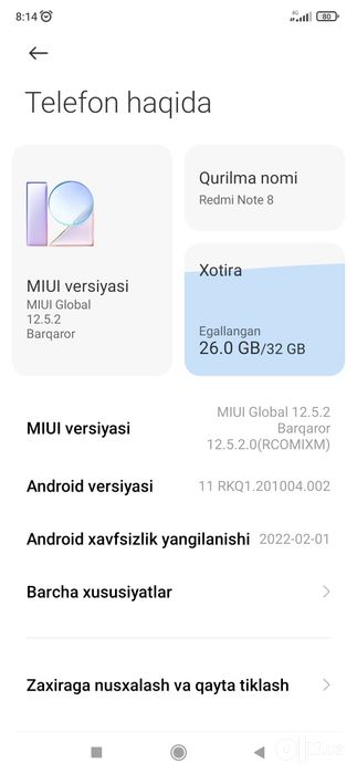 Redmi Note 8 joyi 32 tali zoʻr iwlidi