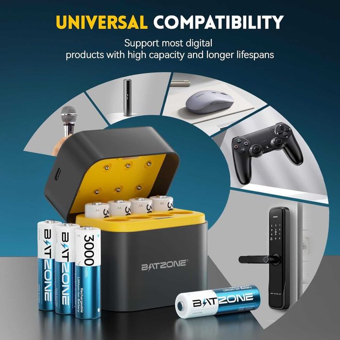 НОВИ акумулаторни AA батерии, 8 броя, 1600 цикъла, 1.5V 3000mWh...