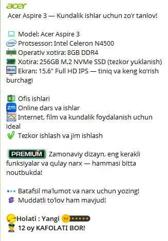 Acer Aspire 3 — Kundalik ishlar uchun zo‘r tanlov!