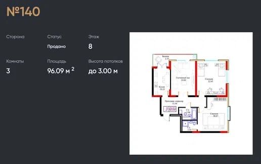 Яккасарай. ЖК Premier House 3-х комнатная квартира , 96м2.