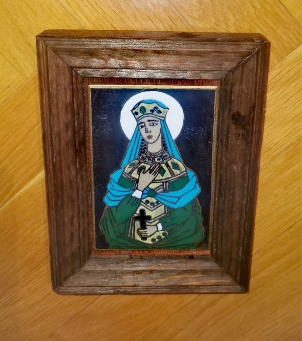 Антикварна икона емайлиран метал в дървена рамка ръчно изработена