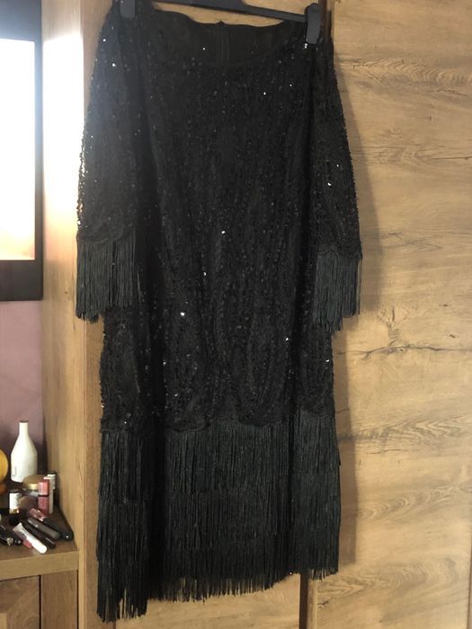 Rochie ocazie scurta neagra franjuri si paiete