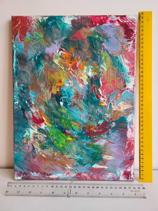 Pictură acrilică realizată manual, intitulată "Fuziune emoțională", cu dimensiunile de 30 x 40 cm, în stare nouă.