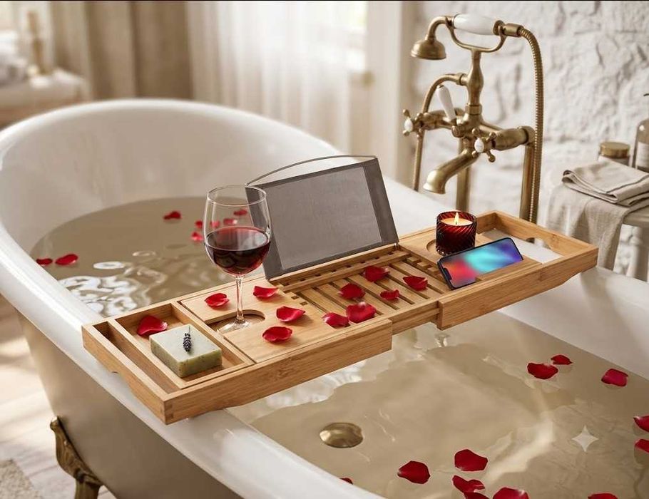 Луксозен Бамбуков Рафт за Вана HOME SPA | Разтегателна Поставка, Телескопична, Стойка за Книга, Таблет, Чаша и Сапунерка, 75-112 см