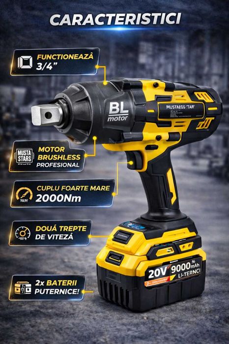 Cheie Impact 3/4 Brushless Mustang Star 2000Nm 2 Baterii