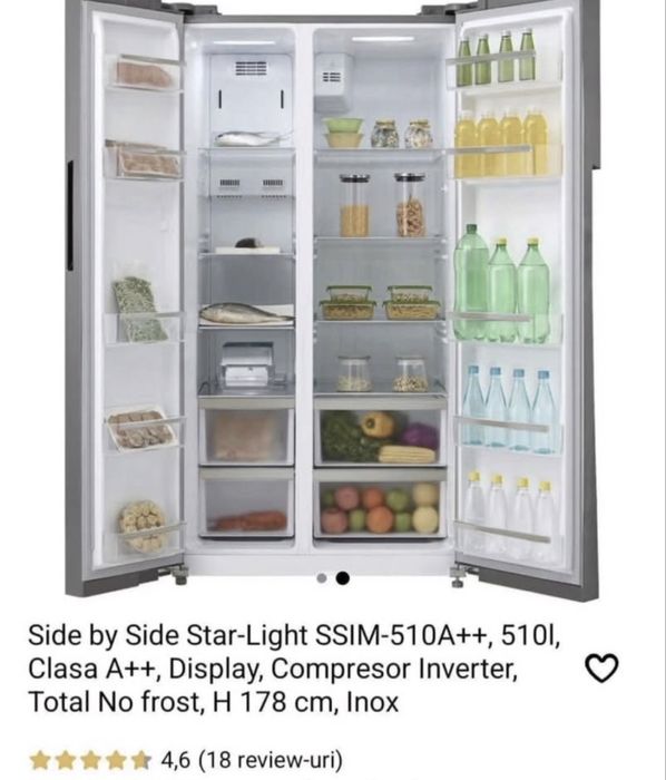 Frigider Side by Side Star-Light 510l, Clasa A++, Display, Compresor Inverter,