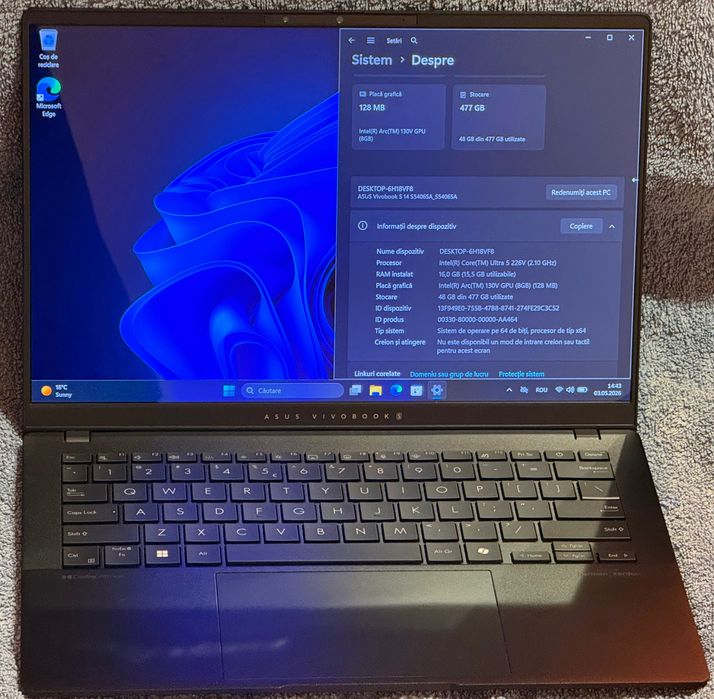 Asus Vivobook S14 S5406 aluminiu  ecran OLED 14" 16 GB RAM 480 GB SSD garanție eMAG 2029 Intel Ultra 5 226V Lunar Lake 18 ore autonomie YouTube video