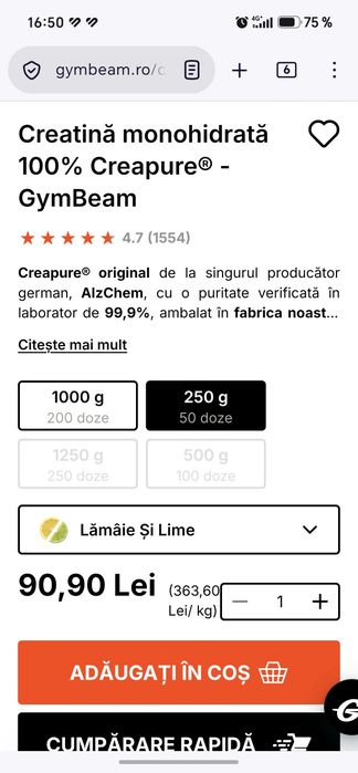 Creatină Gymbeam Creapure  250 grame