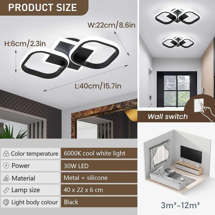 LED плафон/полилей за таван с две светещи модула 30W, 6000K, метал+силикон