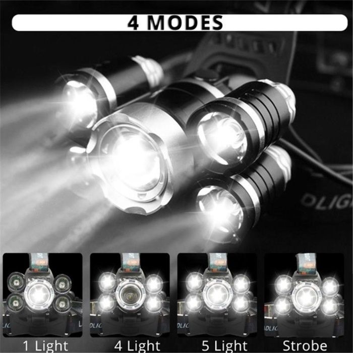 Супер мощен акумулаторен 5LED челник / фенер Лампа две зарядни