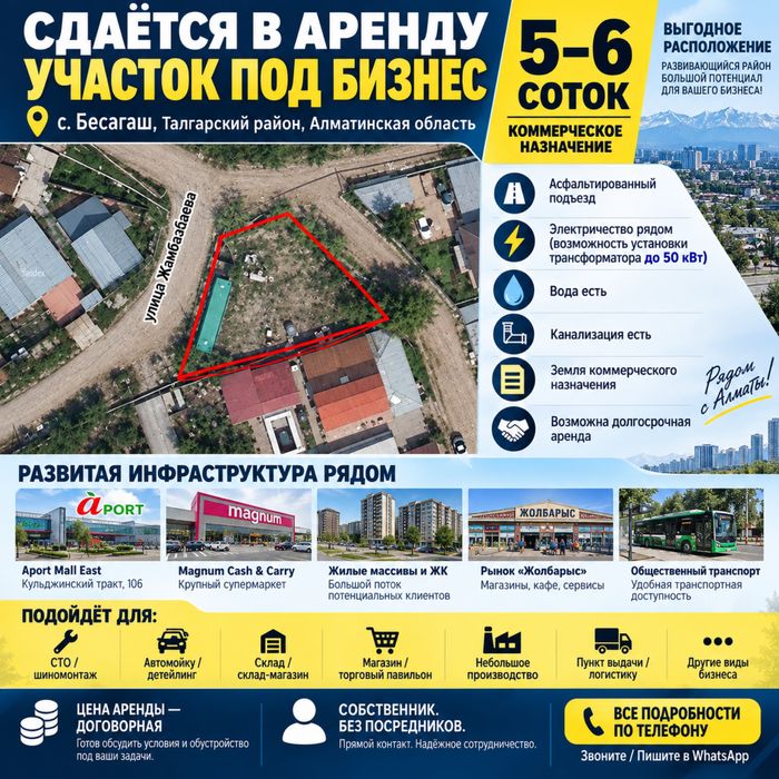 Сдаётся коммерческий участок 5–6 соток в Бесагаше