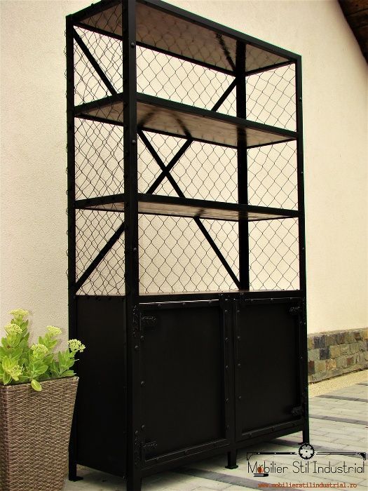 Raft stil industrial cu 2 usi.Model cu plasa.Blaturi lemn natural