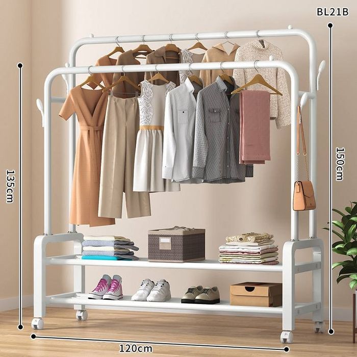 Вешалка для одежды напольная с полками и колёсами, металлическая