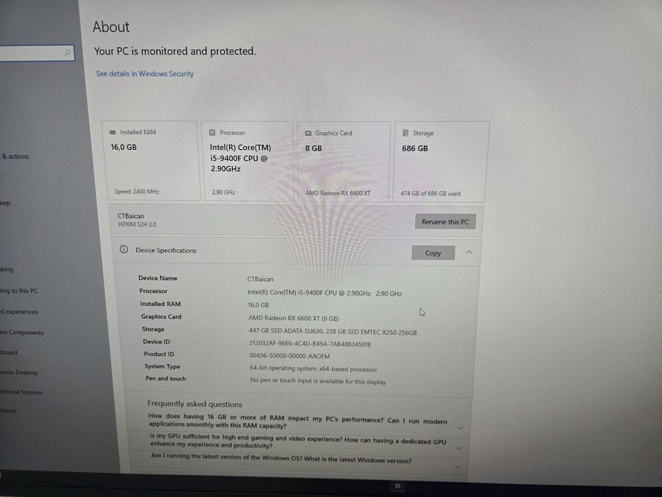 PC Gaming RX 6600 XT 8 GB / i5 9400F / 16 GB RAM / SSD