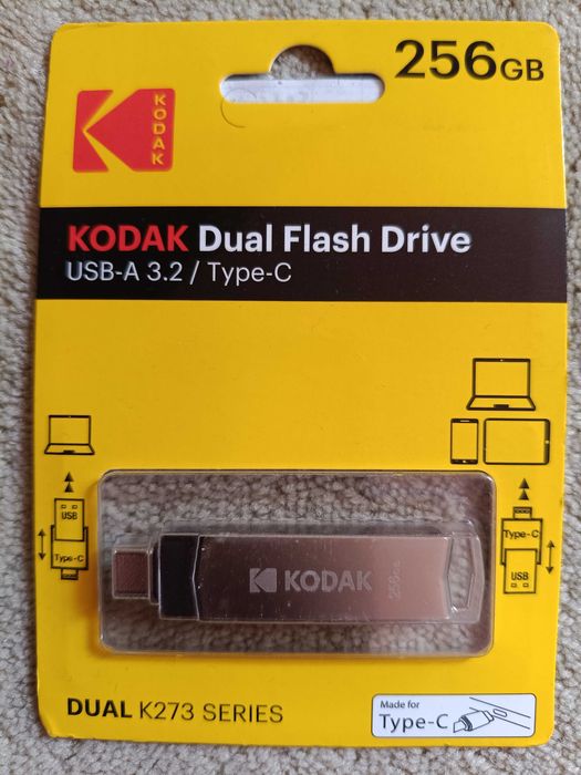 Stick KODAK K273 256 GB, Dual Type A & Type C, USB 3.2 Gen 1, viteză 150 MB/s, complet METALIC - NOU / SIGILAT