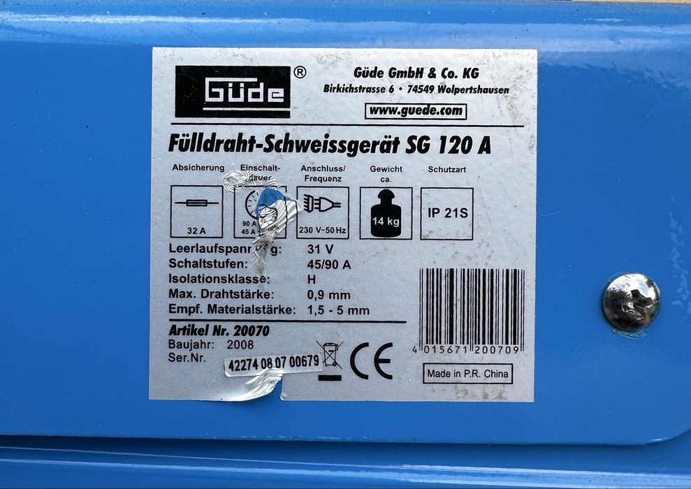 Aparat de sudură Güde SG 120 A MIG/MAG – cu sârmă tubulară, 230V, complet, funcțional