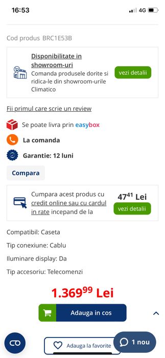 Telecomanda Daikin cu fir BRC1E53B