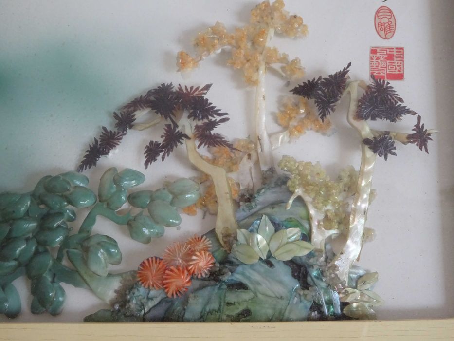 Tablou Asiatic vechi, cu Scoica sculptata manual - DEOSEBIT